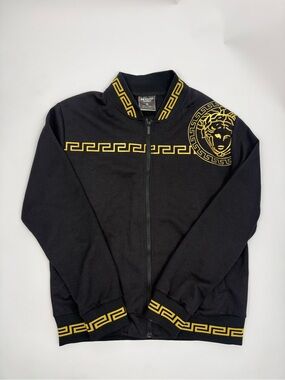 Versace-Style Black Zip-Up Sweater with Gold Medusa and Greek Key Trim